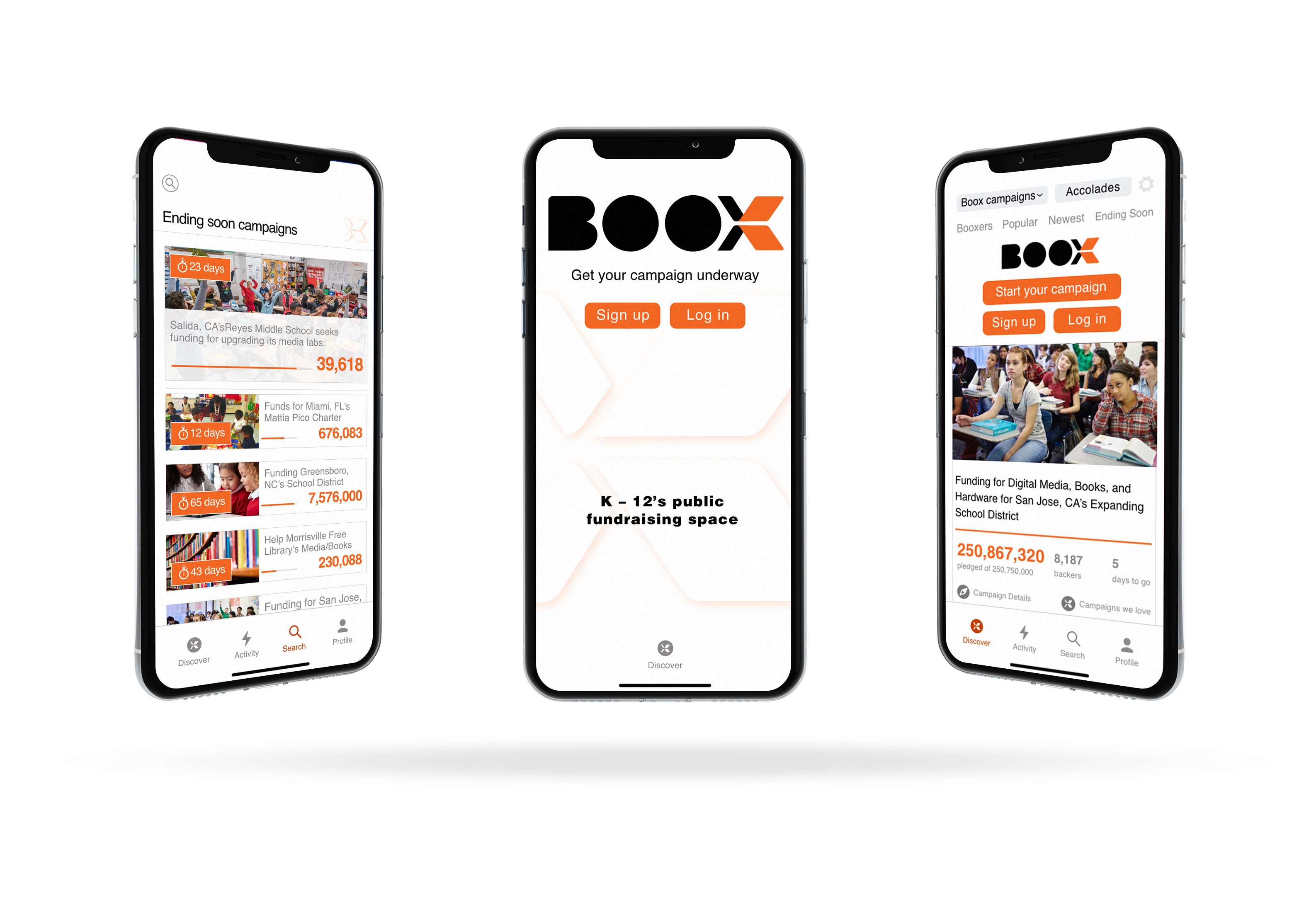 Three Boox app UI screenshots 1 – 3 for mobile.