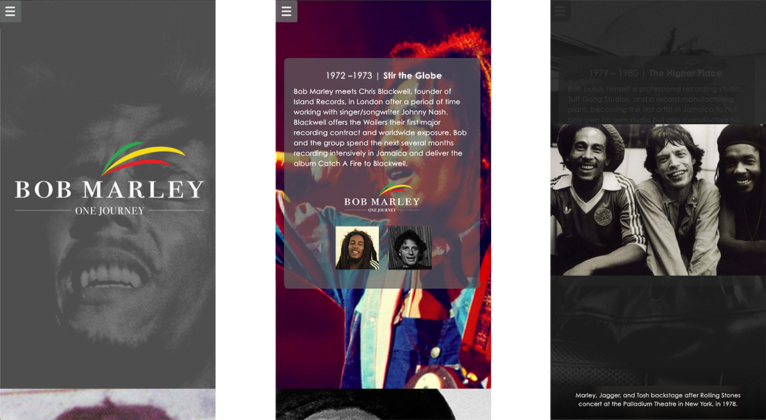 Bob Marley | One Journey mobile screens 1 – 3
