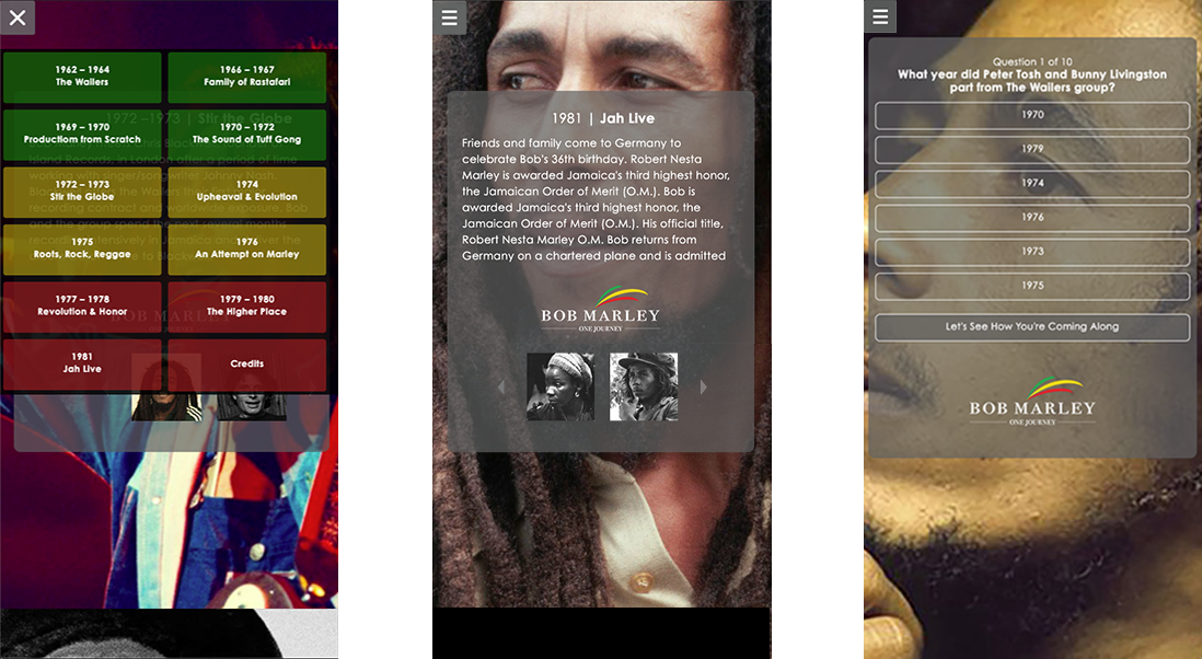 Bob Marley | One Journey mobile screens 4 – 6